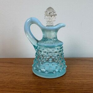 Vintage Fenton Blue Opalescent Hobnail Glass Cruet with Stopper 5 Inch